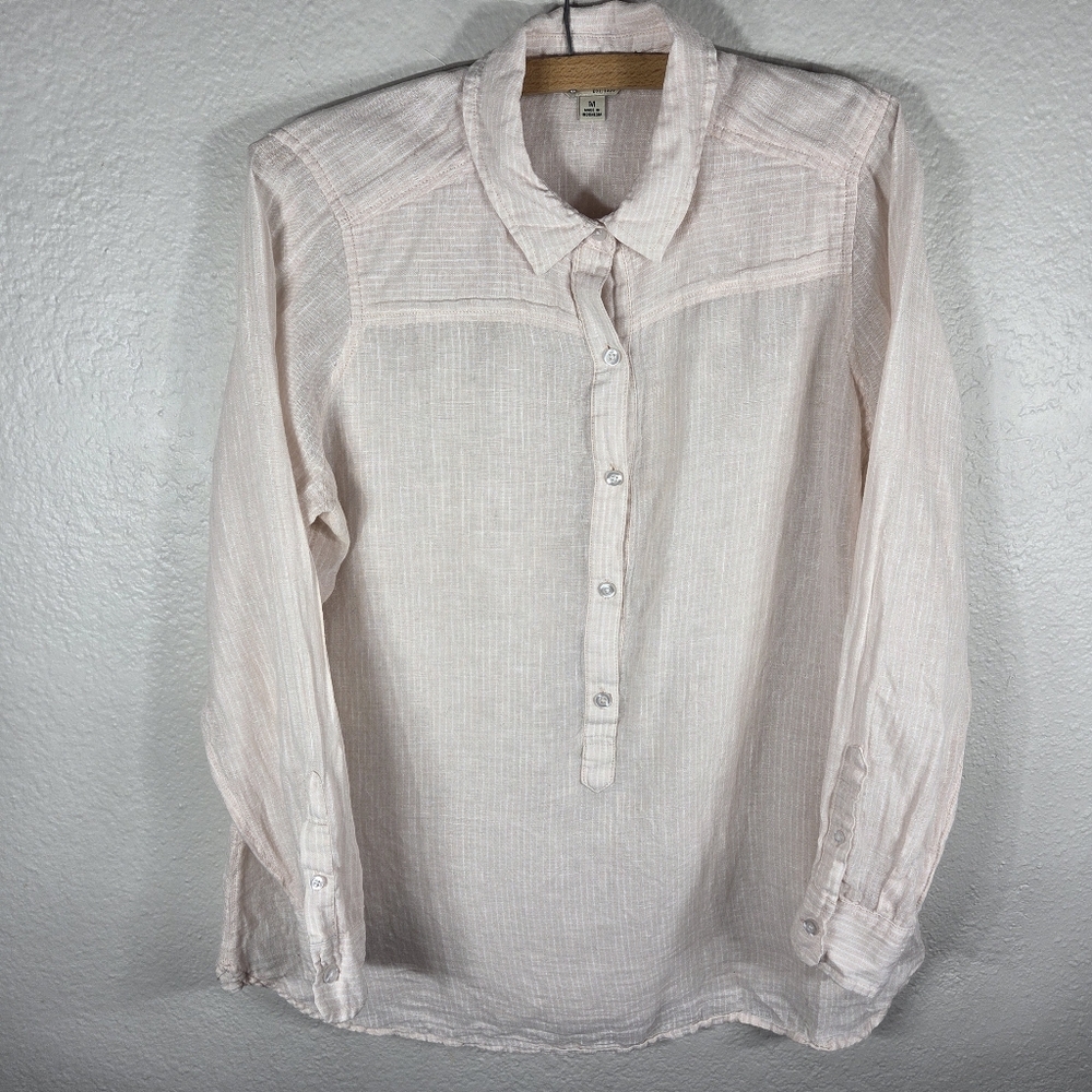 Lucky Brand Linen Cotton Button Front Shirt Size M Long Sleeve Collared Striped